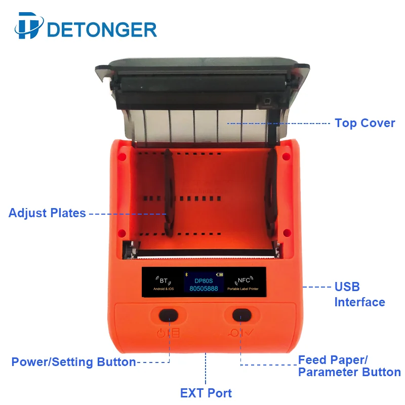 DETONGER-Mini impressora térmica portátil, código de barras multifuncional, etiqueta Maker, BT, Android, iOS, DP80S, 30-80mm