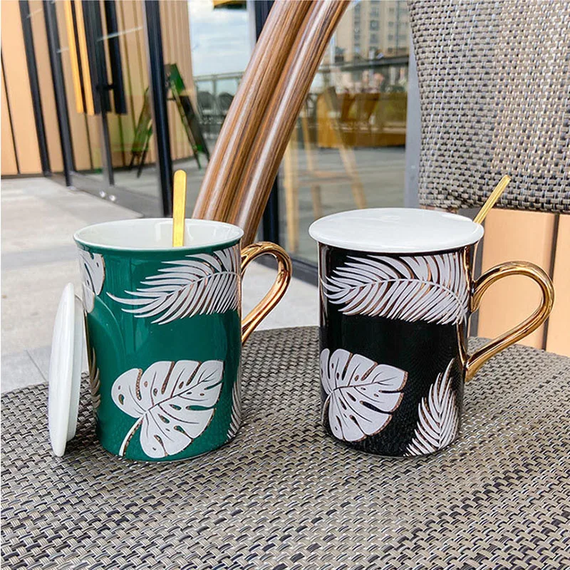 

300ml Green Plants Ceramic Mug with Gold Painted Handle Cute Design Fine Porcelain Cups Perfect For Coffee Tea and Beverage