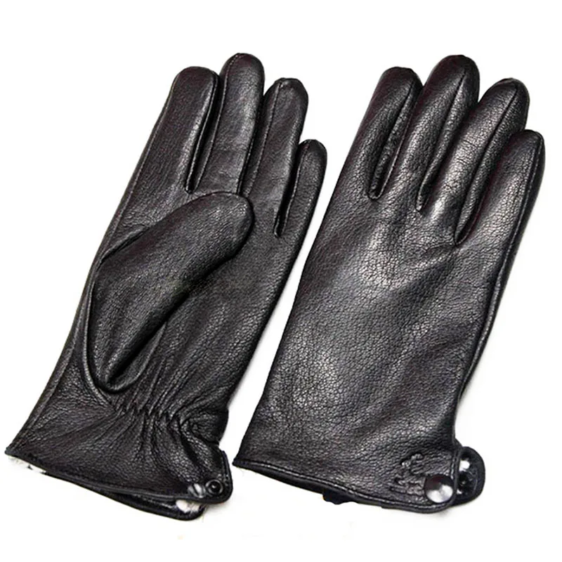 Deerskin Gloves Men\'s Leather Straight Style Thick Imitation Rabbit Hair Lining Autumn and Winter Cold Warm Outdoor Riding