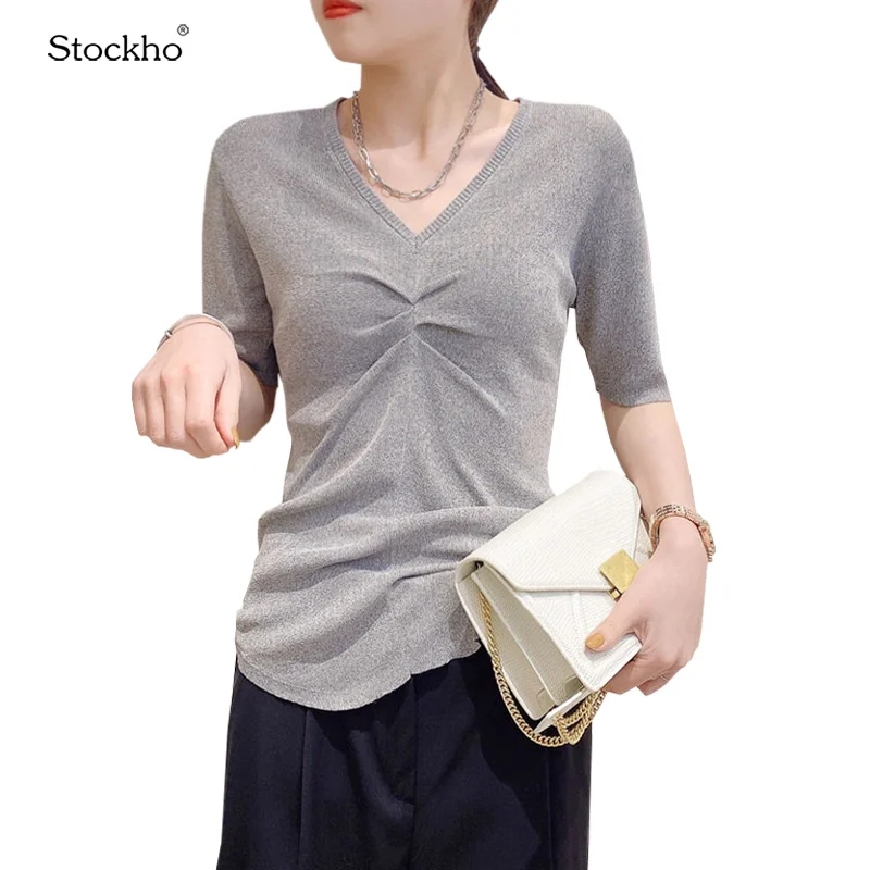 

Women's T-Shirt 2021 Summer Short-Sleeved Shirt Women's Fashion Ice Silk Short-Sleeved T-Shirt V-Neck Knitted Bottoming Top
