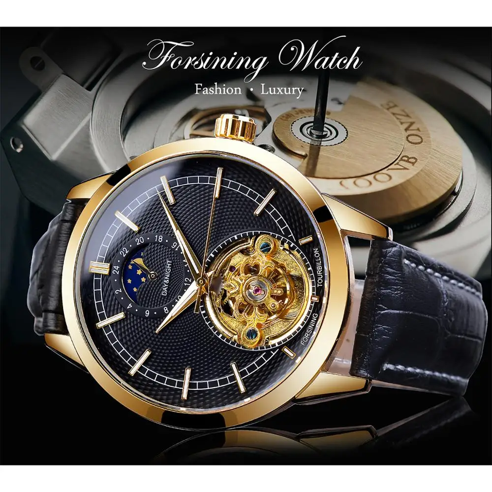 Forsining New Arrival Mens Wristwatch 2019 Top Brand Luxury Automatic Mechanical Golden Case Tourbillon Leather Strap Man Clock