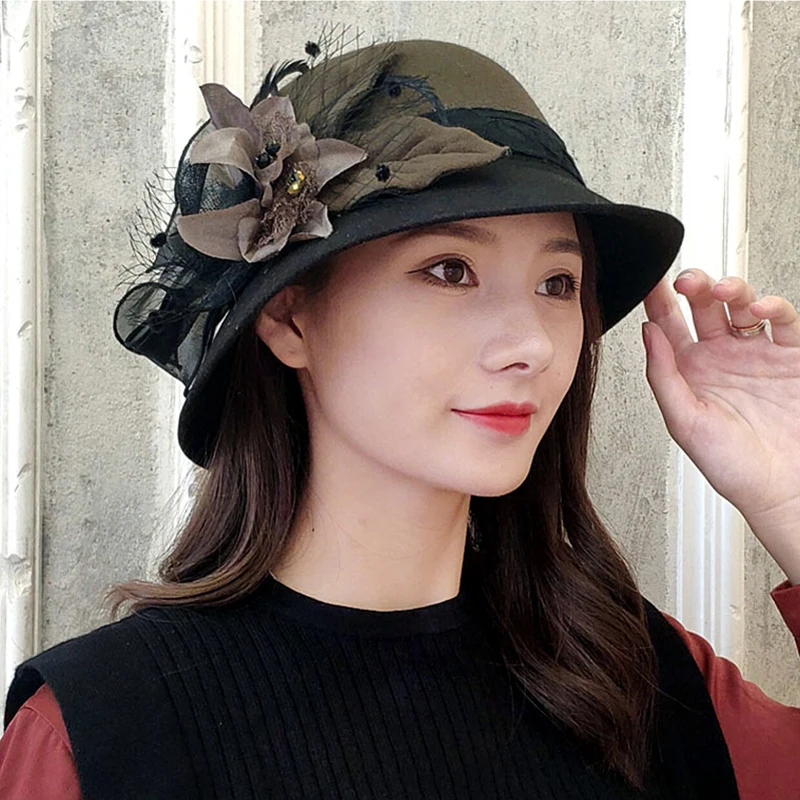 

2021 Winter Retro Fedora Hat Women Chapeu femme feutre Floral Sombrero mujer Bowler Hat Vintage formal Wool Fedora Felt hats