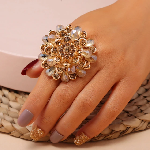 Luxury Big Flower Rings for Women Gold Champagne Color Crystal Finger Ring Oversize Anillos Bridal Wedding