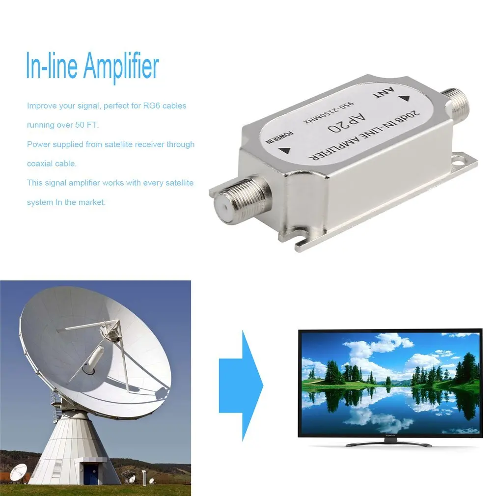 Satellite 20dB In-line Amplifier Booster 950-2150MHZ Signal Booster For Dish Network Antenna Cable Run Channel Strength