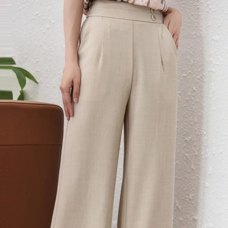 

Women Summer Wide Leg Ankle Length Pants High Waist Loose Straight Casual Pants OL Style Elegant Pockets Thin Pants Female