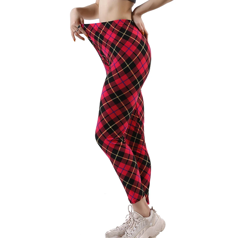 NDUCJSI High Waist Leggings Gym Girls Plaid Printed Leggin Fitness Sports Pants Slim Elastic Running Jogging