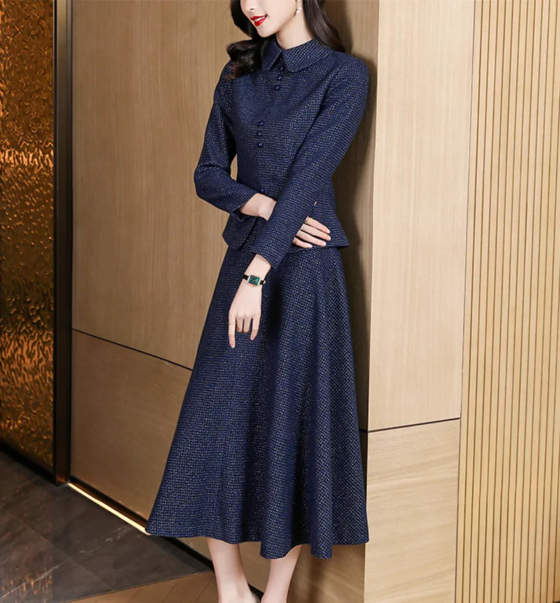 New Autumn Winter Blue Fashion Woolen 2 Piece Set Vintage Women Lapel Single-Breasted Short Jacket Coat + High Waist Skirt Suits