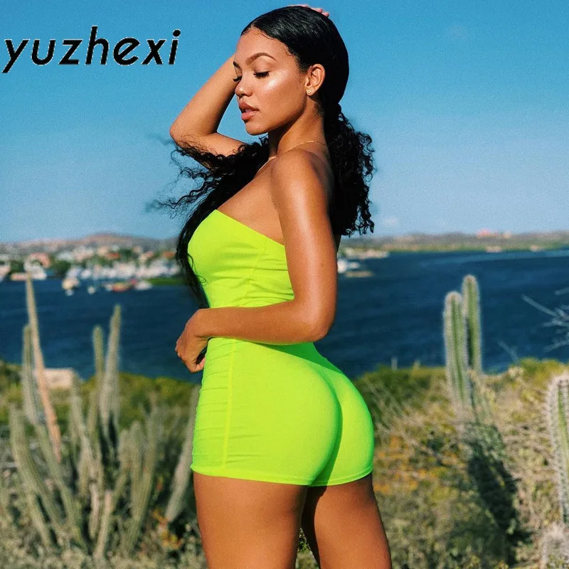 

YUZHEXI neon sports playsuit y2k aesthetics Sexy bandeau short jumpsuit streetwear women summer strapless bodycon overalls