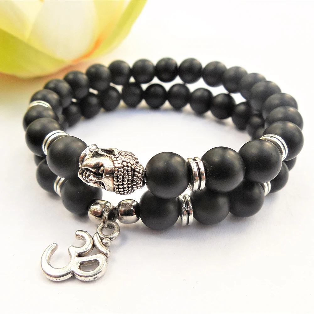 MG0786  Matte Black Onyx Bracelet Set Natural Stone Energy Bracelet Matching Buddha Om Charm Yoga Gift Jewelry