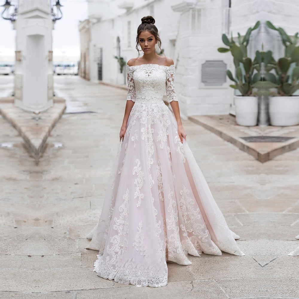 Vestido De Novia Mezze Maniche Con Scollo A Barchetta Appliques Del Merletto Abito Da Sposa di Boho Della Chiusura Lampo Con Bottoni UNA Linea di Abito Da Sposa Su Misura ha fatto di Nuovo