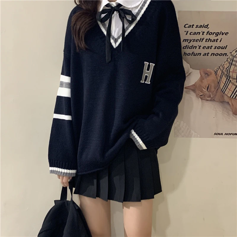 Suéter de estilo japonés Vintage Preppy para mujer, suéter elegante Harajuku, moda coreana, suelto, Simple, cuello en V, Otoño, nuevo