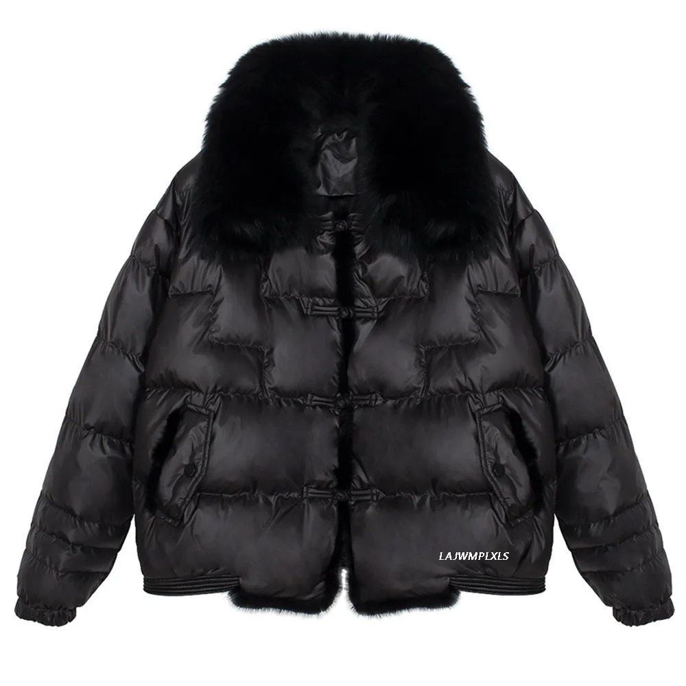 Women Coat 90% Duck Down Jacket Real Fox Fur Collar Hooded Jacket Elegant Female Thick Warm Button Duck Down Outwear