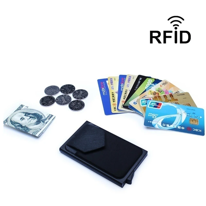 RFID Blocking Anti-theft Aluminum ID Card Holder Men Business Slim Metal Wallet Coin Purse Automatic Pop Up Bank Card Case