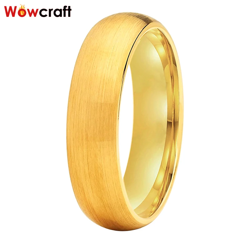 6mm Gold Tungsten Wedding Rings for Women Men Domed Brushed Finish Surface Comfort Fit US Size 5-15