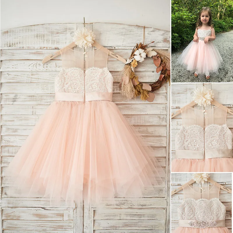 FashionMia Boho Pink Sleeveless Tulle and Lace Cute Short Kid Flower Girl Dress with Sash for Wedding Children Ball Gown