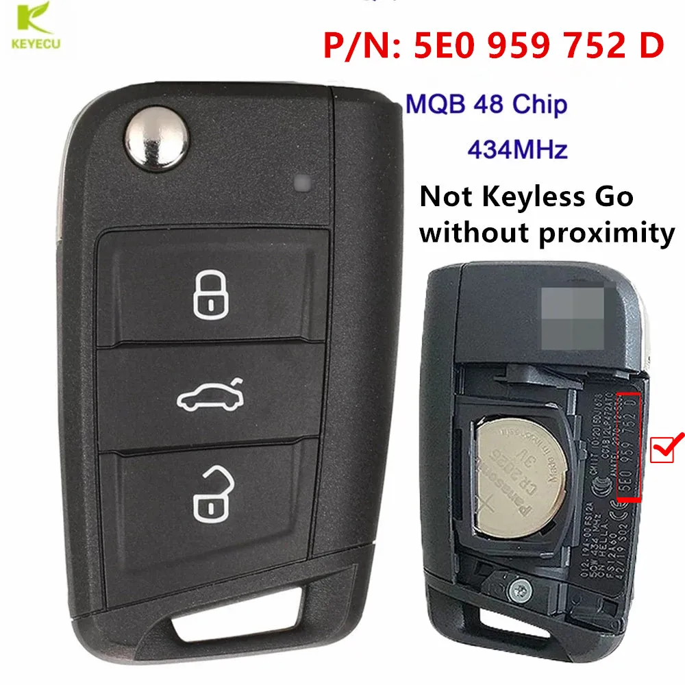 

KEYECU Original 3 Buttons 434 MHz MQB Flip Remote Key for Skoda Rapid Octavia MK3 2013+ 5E0 959 752 D Not Keyless Go