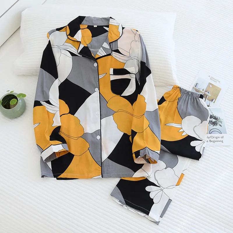 Spring and summer ladies man-made cotton pajamas suit viscose fiber plus size home service soft long-sleeved geometric pattern