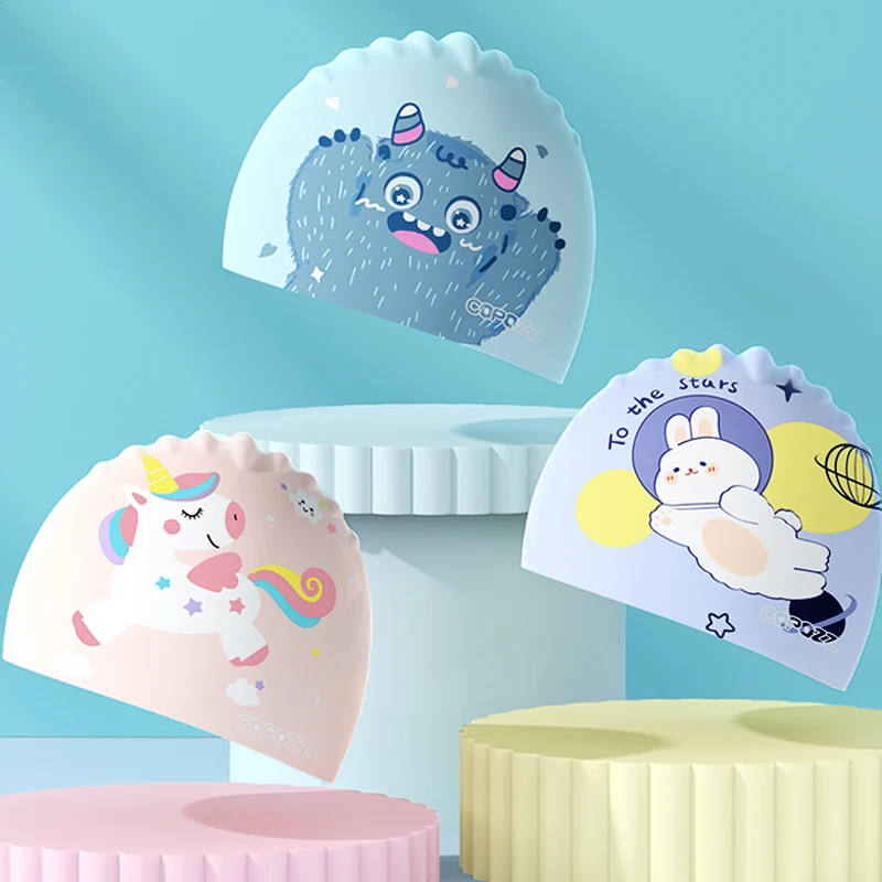 COPOZZ Cartoon Children Swimming Cap Swim Pool Waterproof Ear Protect Hat High Elastic Professional Pool Hat for Boys Girls Kids