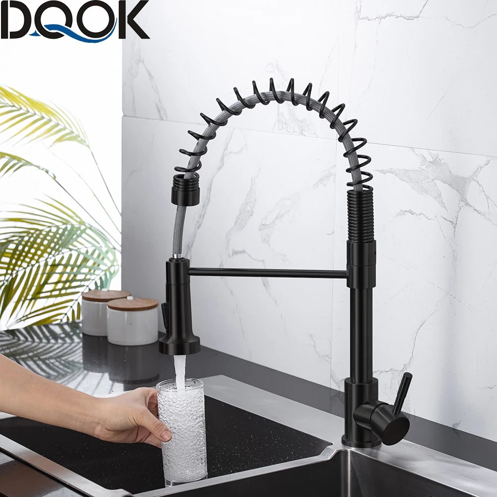 DQOK Matte Black Kitchen Faucet Deck Mounted Mixer Tap 360 Degree Rotation Stream Sprayer Nozzle Kitchen Sink Hot Cold Taps