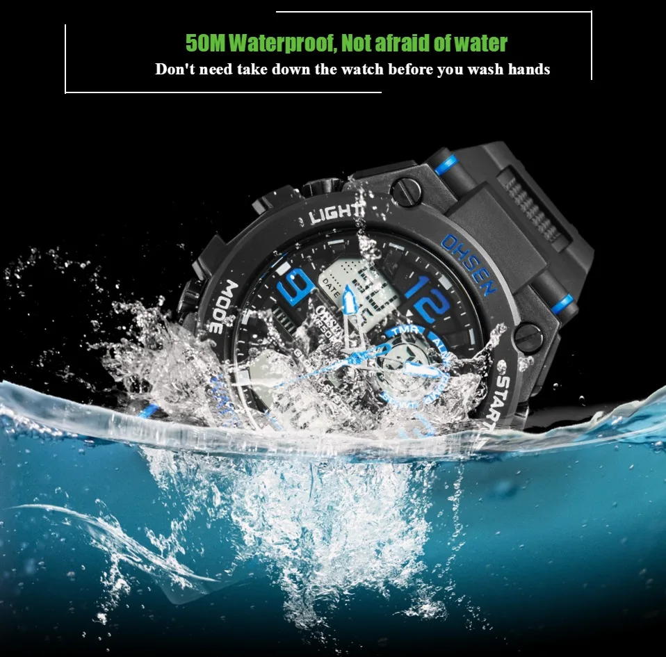 OHSEN Fashion Outdoor Sport Watch Men Multifunction 5 Bar Waterproof Black Military Digital Wristwatches Clock Relogio Masculino