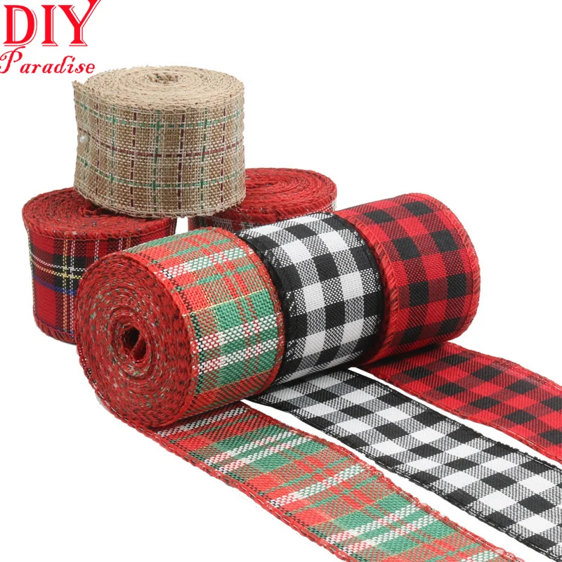 Red White Christmas Ribbon Wide Burlap Jute Grosgrain Tape Plaid Print Wired Ribbons for Wed Decor Packaging Xmas Gift Wrapping