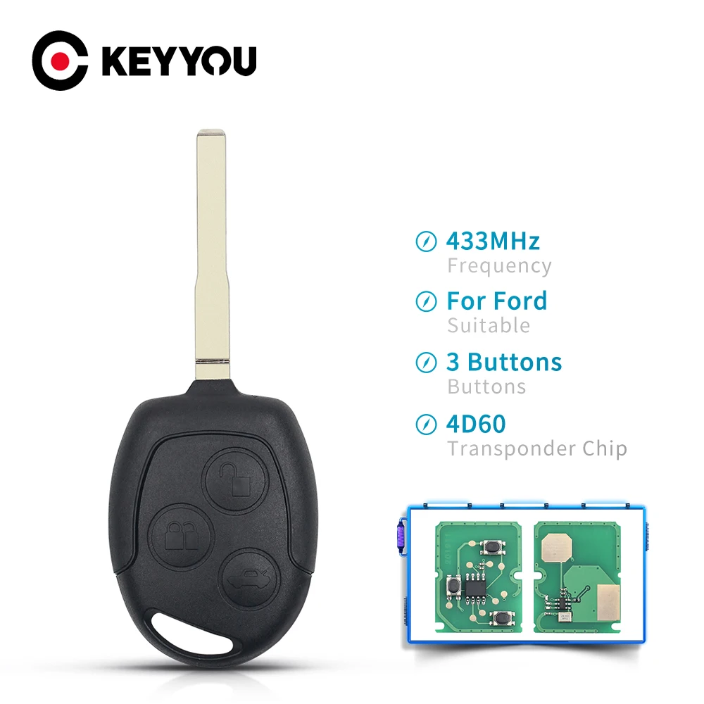 

KEYYOU 4D60 4D63 Chip 433Mhz Car Remote Key For Ford Focus Fiesta Fusion Mondeo Galaxy C-Max S-Max 3 Buttons With HU101 Blade