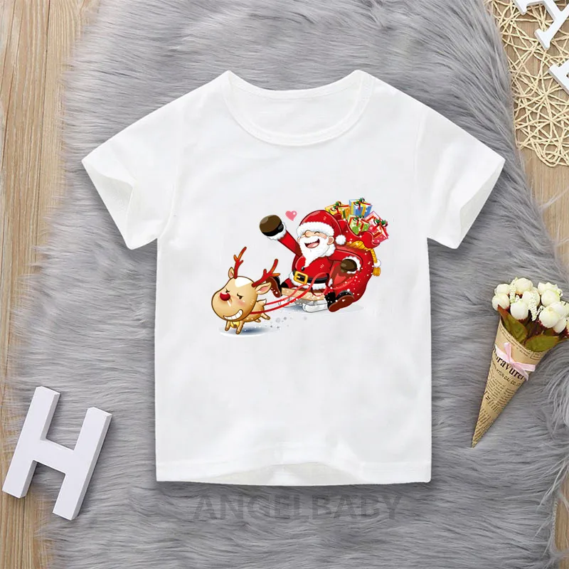 Cute Santa Cartoon Print Merry Christmas Children T-shirts Girls/Boys Funny Baby Clothes Kids Short Sleeve Tshirt Gift Present