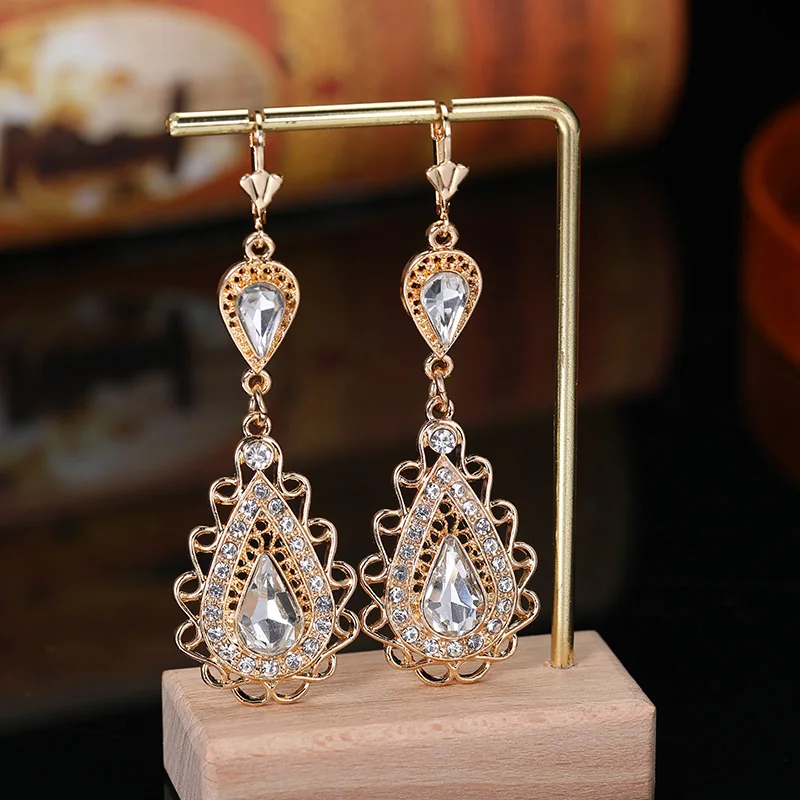 Algerian Bridal Jewelry Earrings French Hook Design Water Drop Rhinestone Shape Metal Decorative Earrings