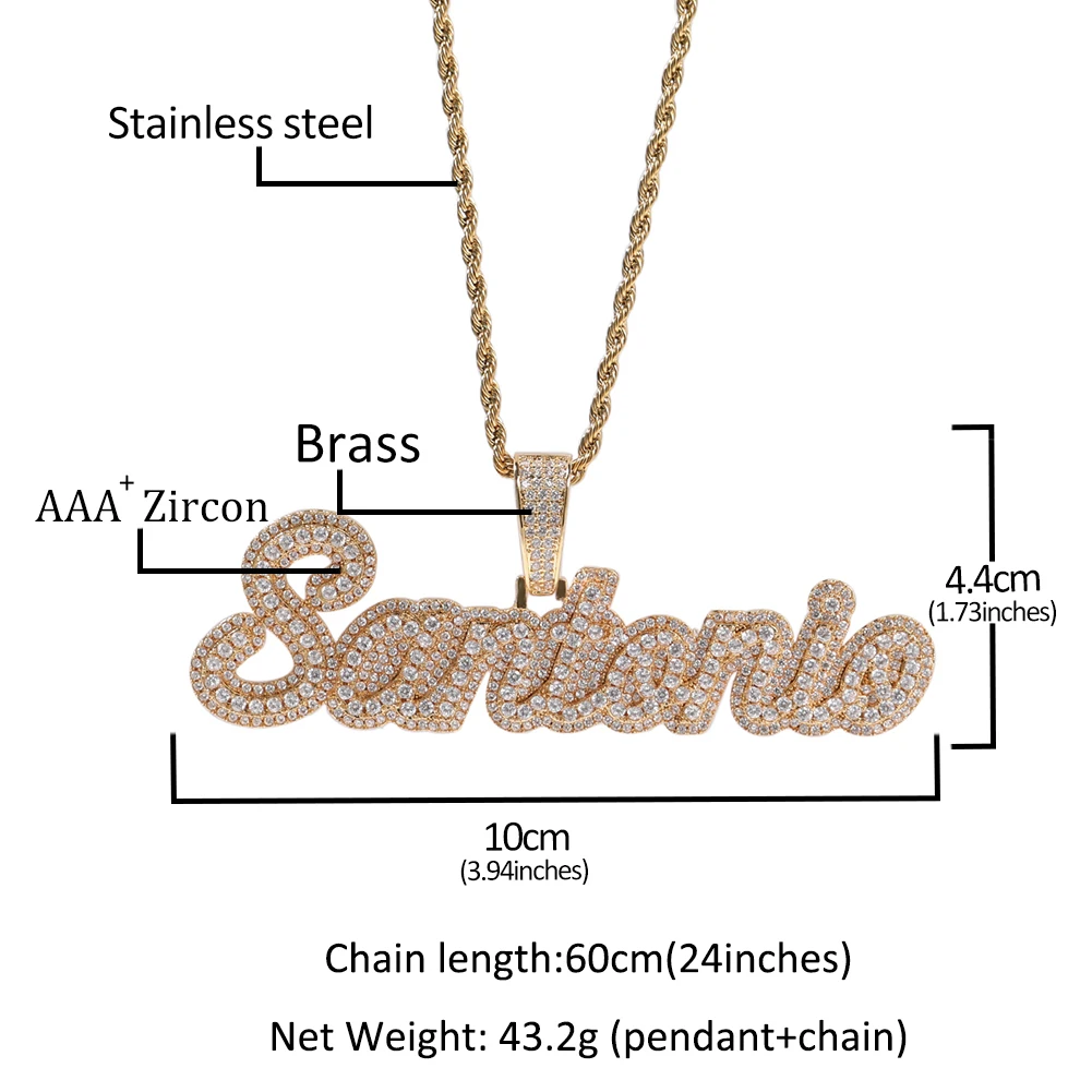 Uwin Csutom Cursive Letter With Baguette Chain Iced Out Name Necklace Chain Cubic Zirconia Fashion Hiphop Jewelry