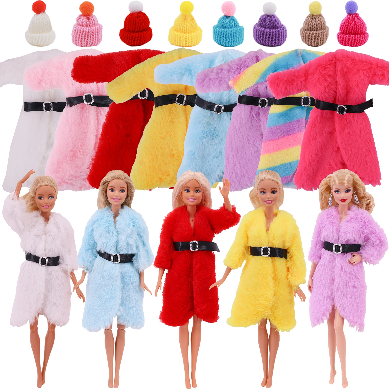 2 Pcs Fashion Plush Coat With Belt Knitted Hat Dress Dollhouse Accessories Clothes for 30cm&11.8Inch Doll Girl's Toy Gift