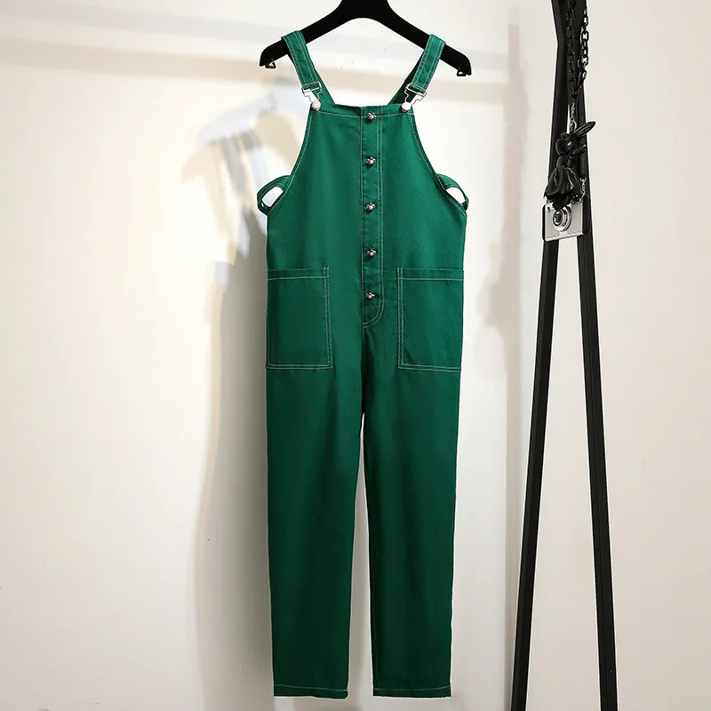 New 2021 Ladies Autumn Winter Plus Size Women Clothing Overall Jumpsuit Large Cotton Pocket Green Jumpsuits 3XL 4XL 5X 6XL 7XL