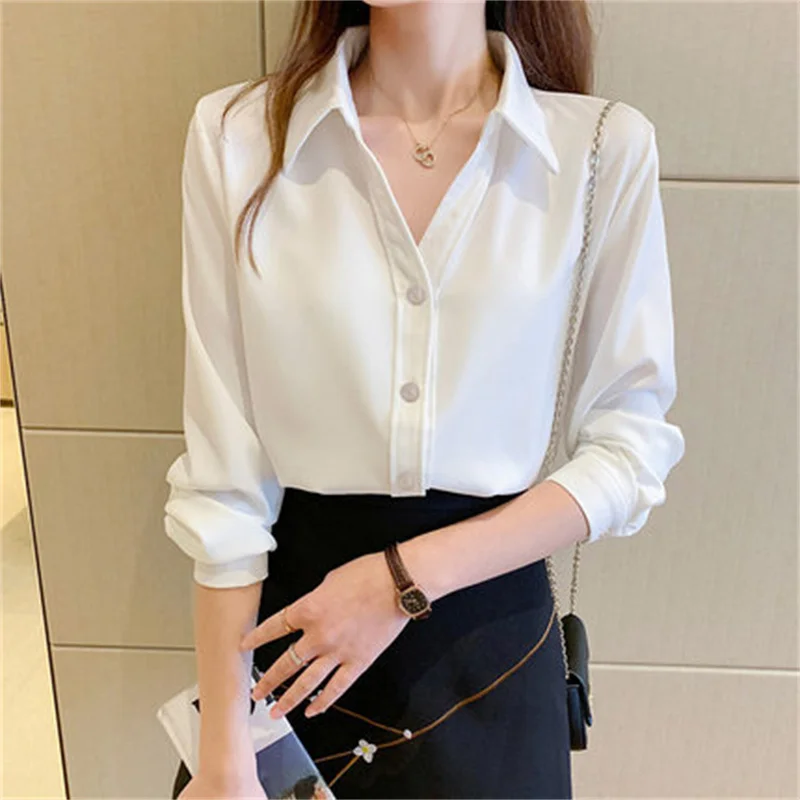 

Fashion V-neck Shirt Blouse Elegant Women Clothing Office Lady White Blouse Long Sleeve OL Shirts Tops Overalls D1006