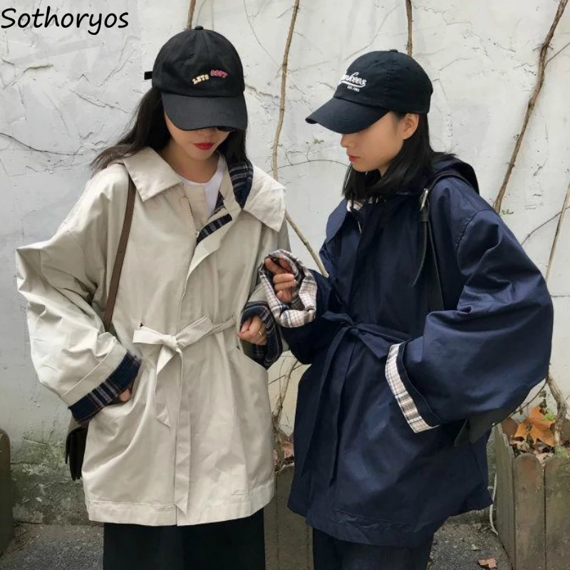 

Trench Women Hooded Plaid Adjustable Waist PopularLoose Trendy Harajuku Casual Safari Style Streetwear Womens Coats Ulzzang