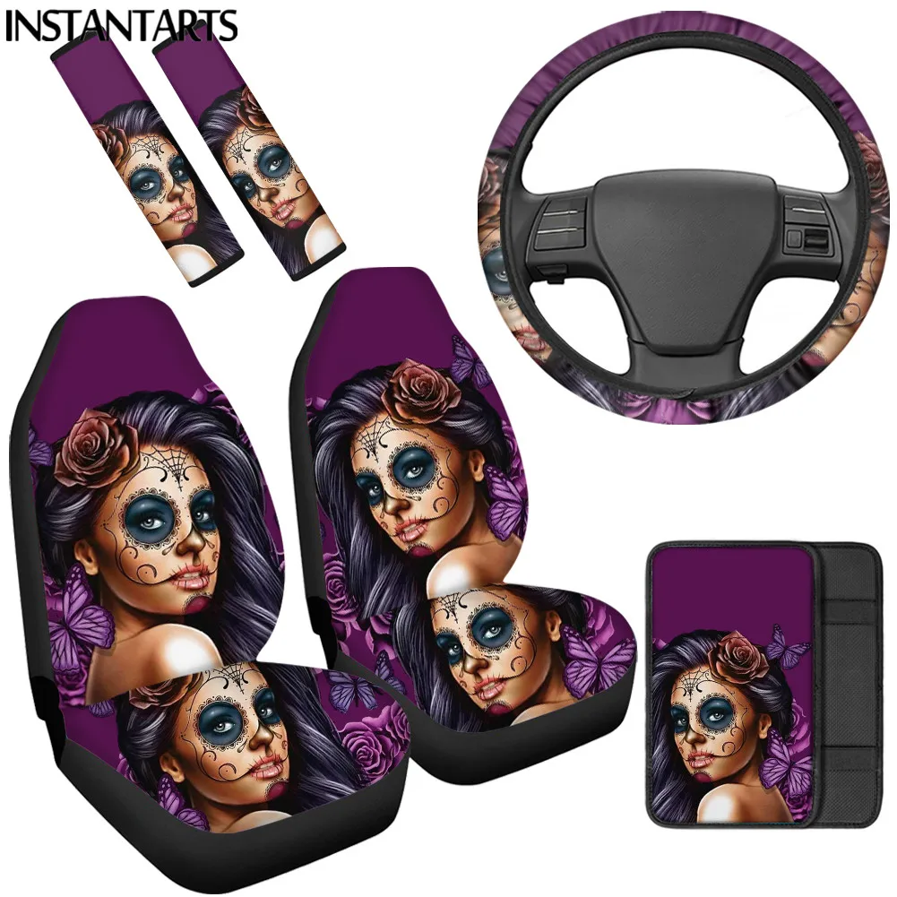 

INSTANTARTS Butterfly with Floral Sugar Skull Print Washable Car Seat Cushion Steering Wheel Cover Soft Console Cover Seat Belt