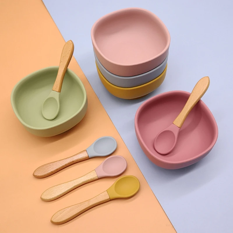 

Baby Feeding Bowl Spoon Fork Set Anti Slip Silicone Suction Divided Plate Tray Utensil BPA-Free Training Dish Tableware