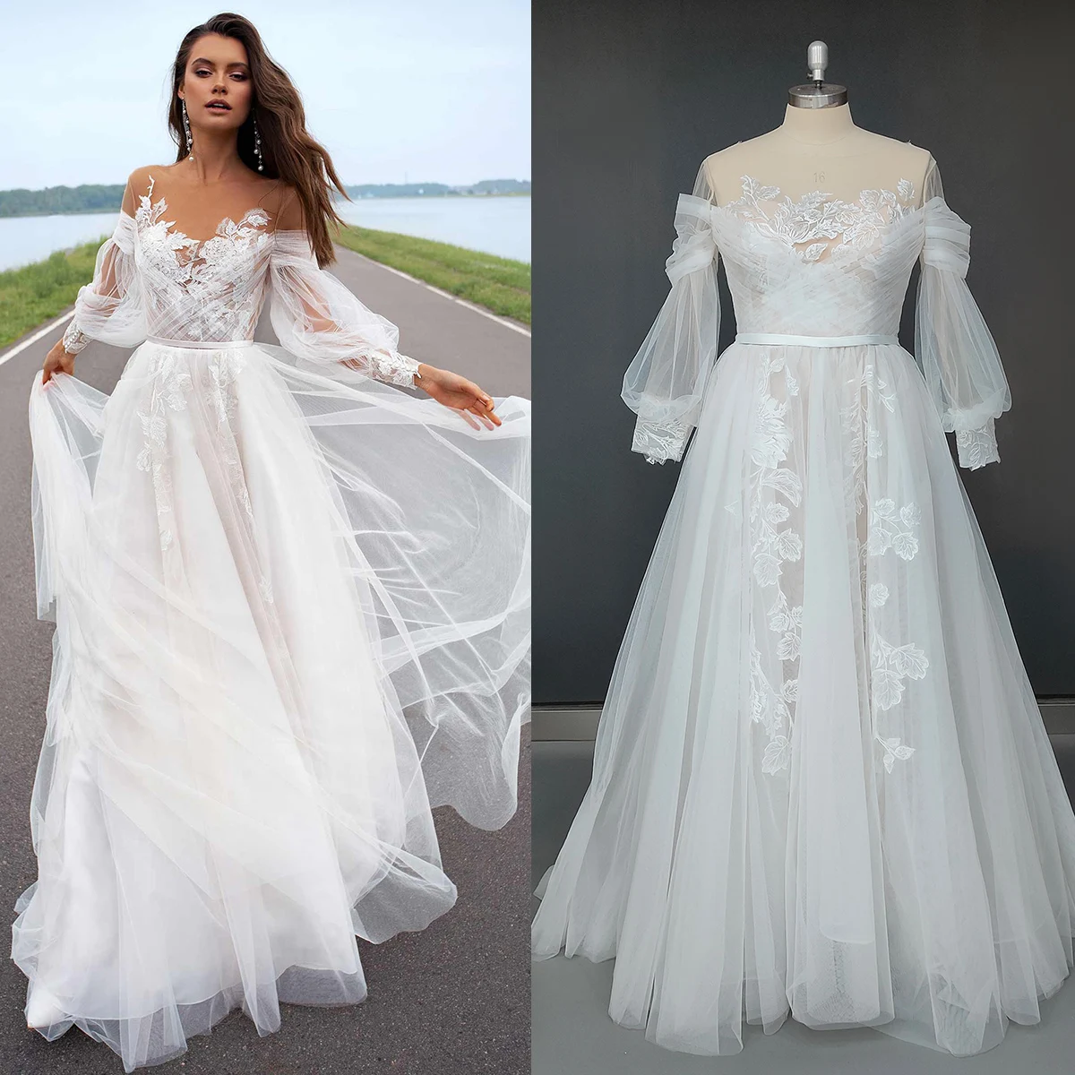 Off Shoulder Tulle Wedding Dress Floral Appliqued Boho Beach Bishop Sleeves Plus Size Pleated Illusion Photoshoot Bridal Gown