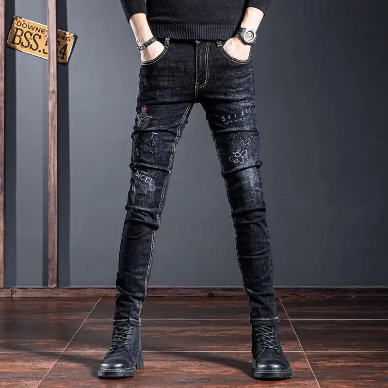 Korea Version Men’s White Wash Blue Jeans, High Quality Slim Stretch Jeans,Light Luxury Embroidery Jeans,Sexy Street Jeans;