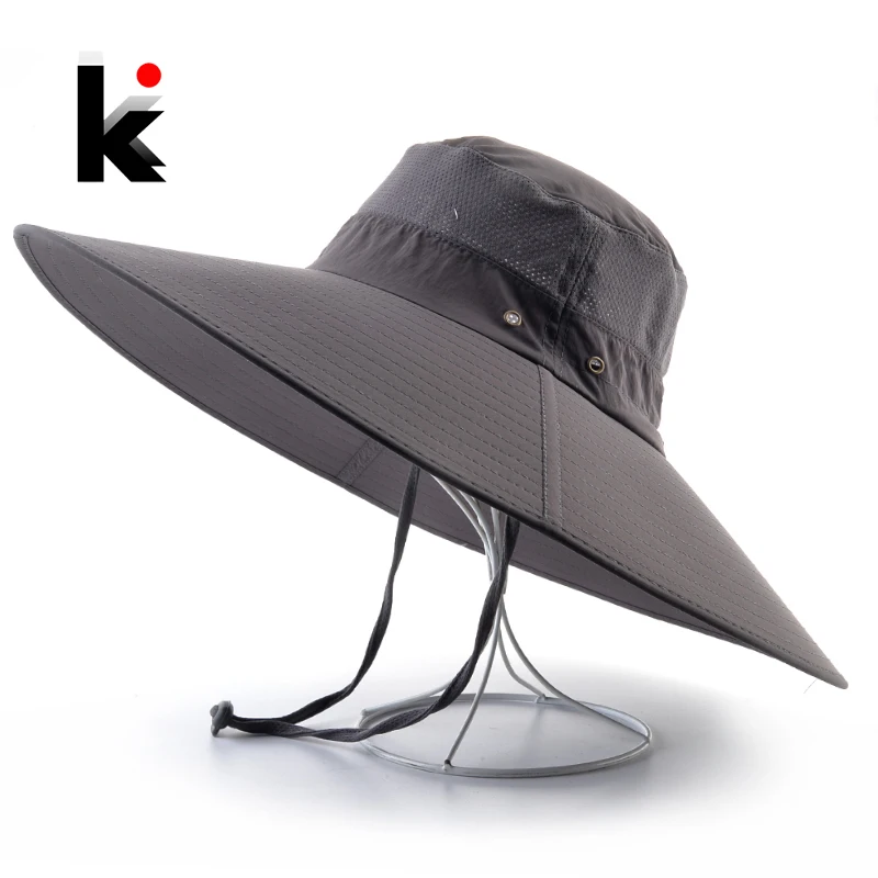 Wide Brim Sun Hat For Men Bob 15cm Brim Sun Protection Fisherman Cap Summer Outdoor Hiking Fishing Sunbonnet Men's Casual Hats