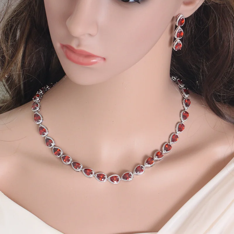 Pera Classic 3Pcs Red Waterdrop Shape Link Cubic Zirconia Choker Necklace Earring Banquet Party Jewelry Sets for Women Gift J213