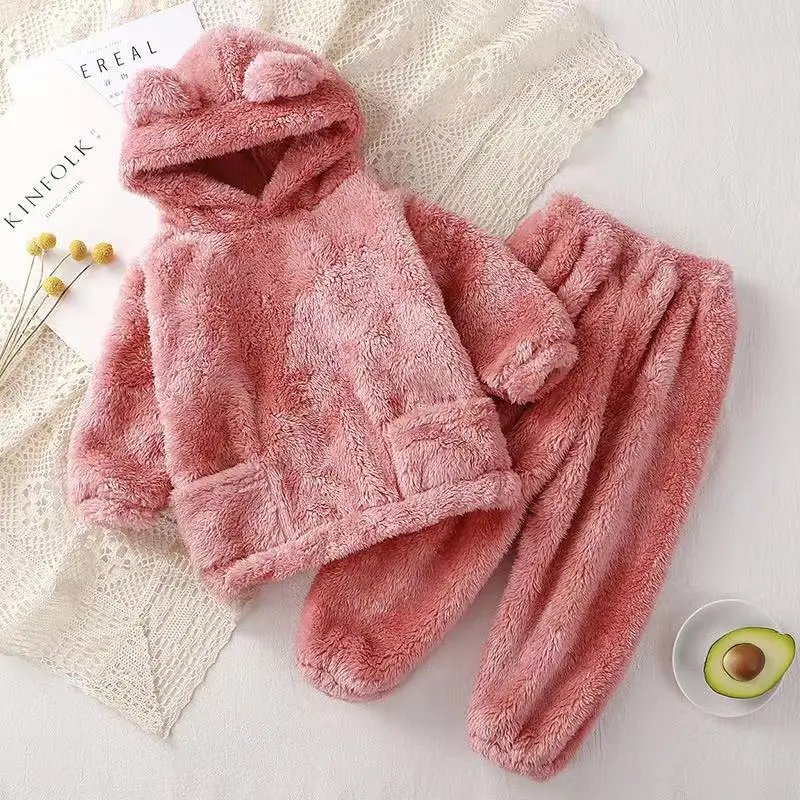 2023 Autumn Winter Baby Faux Fur Tracksuit 2pcs Children Boys Bear Hoodie+Trousers Pants Kids Loungewear Cute Girls Warm Outfit