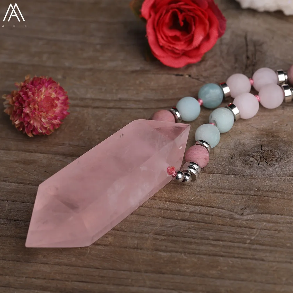 Natürliche Rosa Quarz Doppel Stick Punkt Anhänger 8mm Verfilzte Amazonit Rosen Quarz Runde Perlen Schnur Verknotet Mala Halskette Schmuck – Detail 7