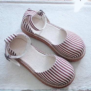 Careaymade-Literature and Art Summer New Big Headed Shoes,Korean Version Thick-soled Muffin Women\'s Stripes Single Shoes