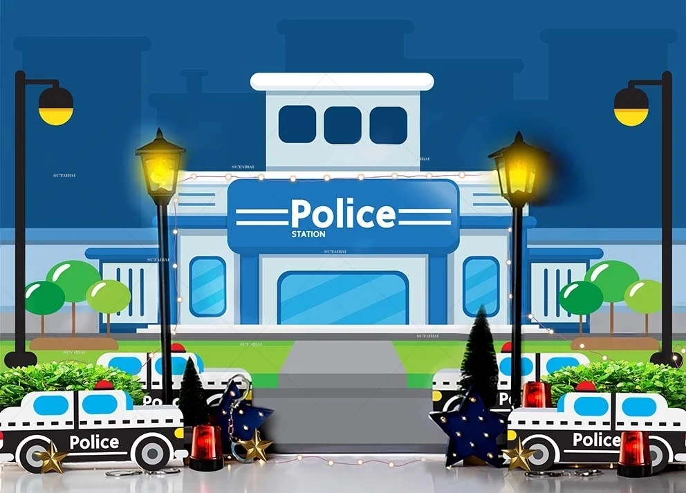 Police Station Backdrop for Party Police Car City Night Guard Patrol Photo Background Photography Backdrop Police Theme Decor