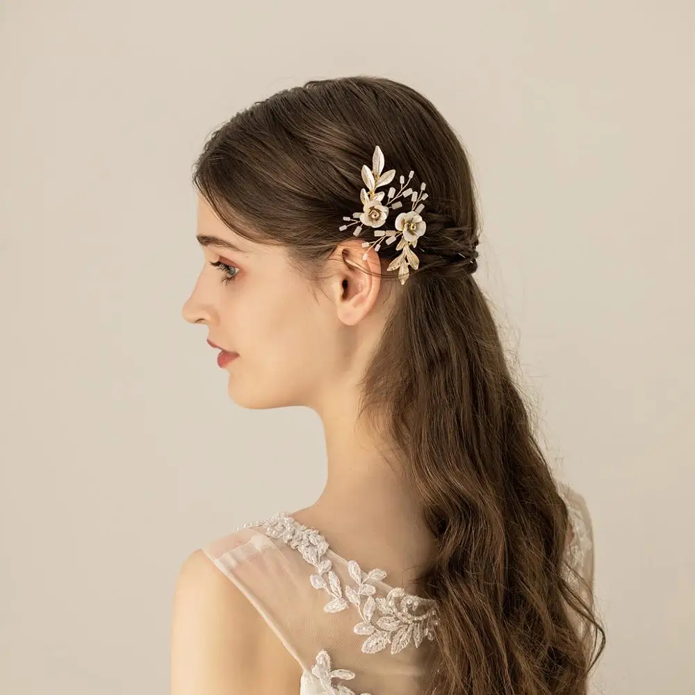 O559 Klassieke Geschilderd Bladeren Dubbele Bridal Ornamenten Kathedraal Wedding U-vorm Haarspelden Met Faux Bloemen