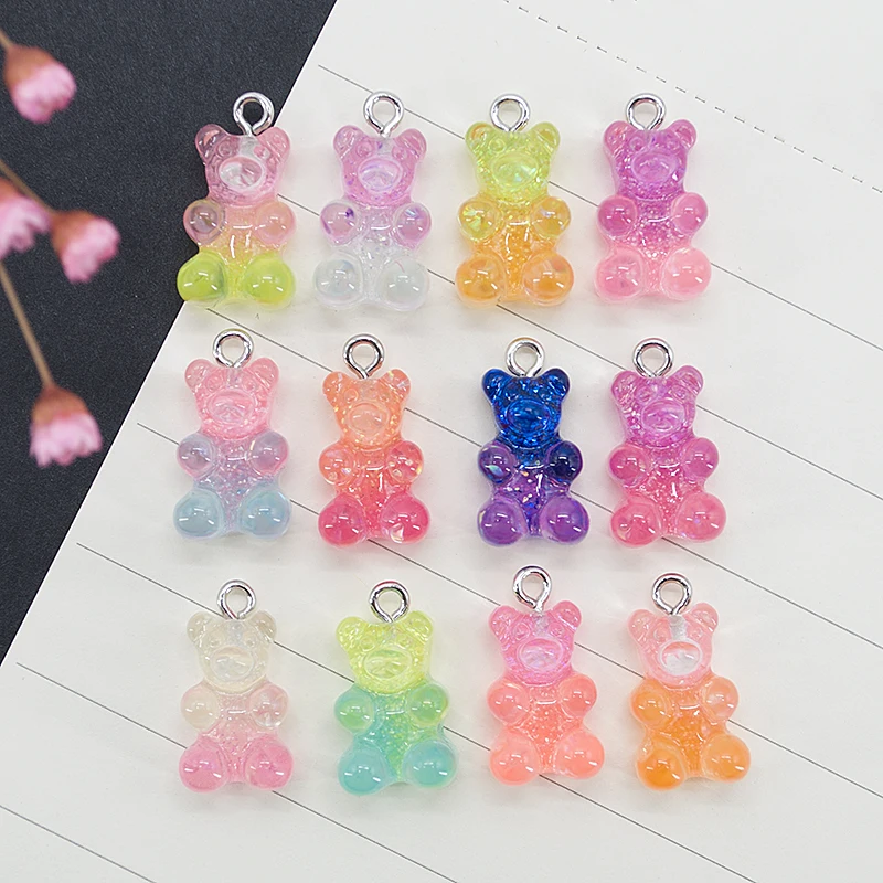 10pcs 10*17mm Resin Bear Cabochons Glitter Gummy Candy Charms Colorful Accessories Necklace Keychain Pendant DIY Making