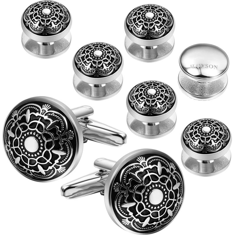 HAWSON Tuxedo Shirt Cufflink Studs Retro Flower Engraved&Black Enamel- Best Wedding Busines Cufflinks For Mens Gifts