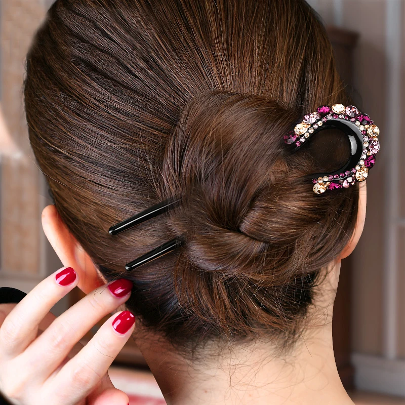 Vintage Hair Accessories Crystal Hairpins U-Shape Hair Stick Pin Hairclips Women Rhinestone Flower Hairpin Fashion Combs