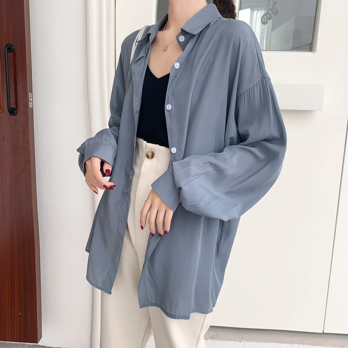 Women Tops and Blouses Streetwear Boyfriend Style Wide Long Sleeve Loose Oversized Shirt Relaxed Chic Asymmetric Button Up Tops