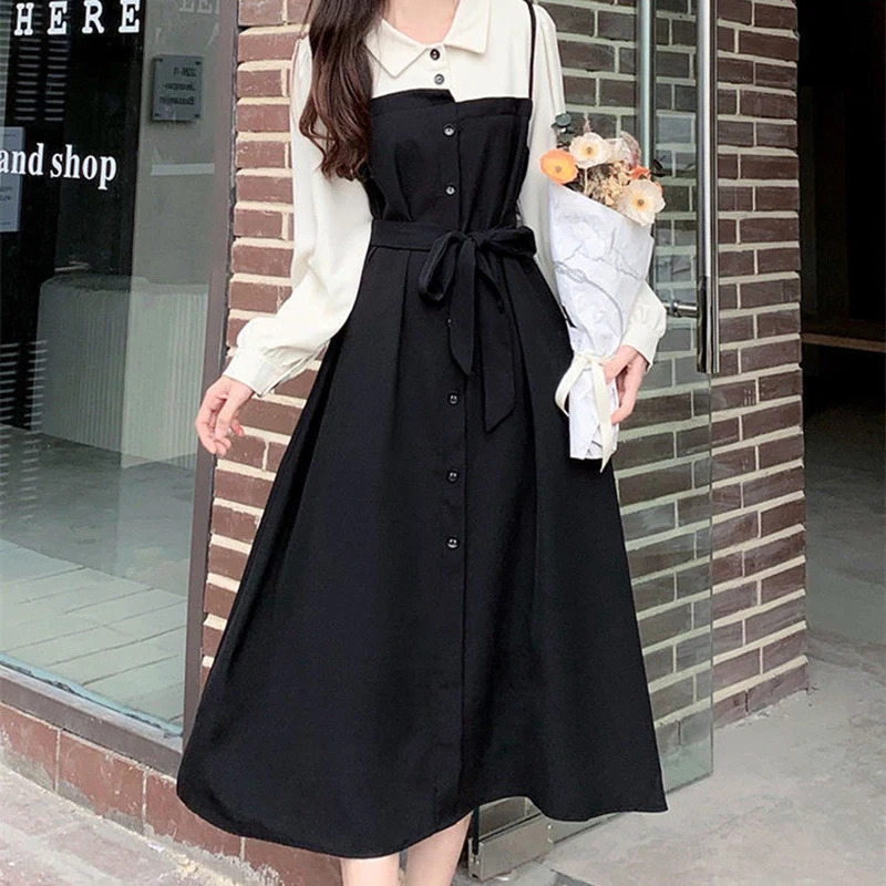 

Fake Two Cami French Women Dress Oversized 2022 Spring Romantic Fashion Office Blouse Long Skirt Birthday Party Carnival Outfit