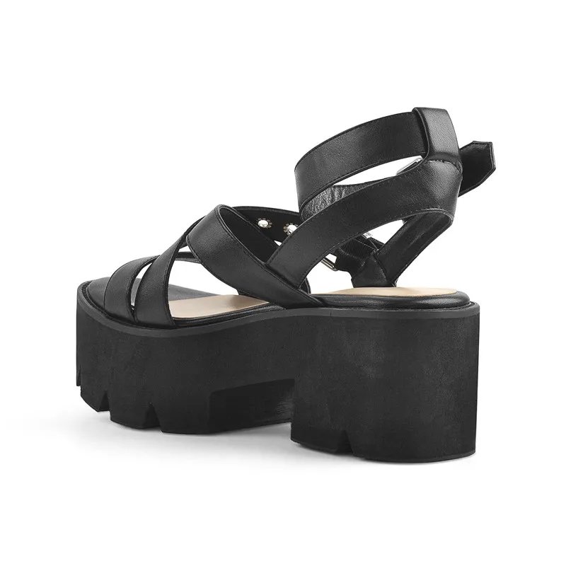 Onlymaker Women Platform Black Matte Top Quality Flat  Ankle Strap Multiple Buckle  Sandals For Summer